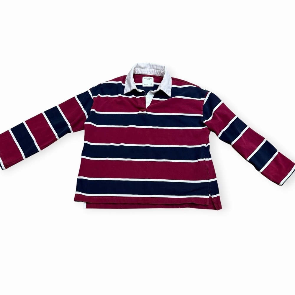 Abercrombie & Fitch Striped Long Sleeve Polo Shirt Red Navy White Logo Men's S